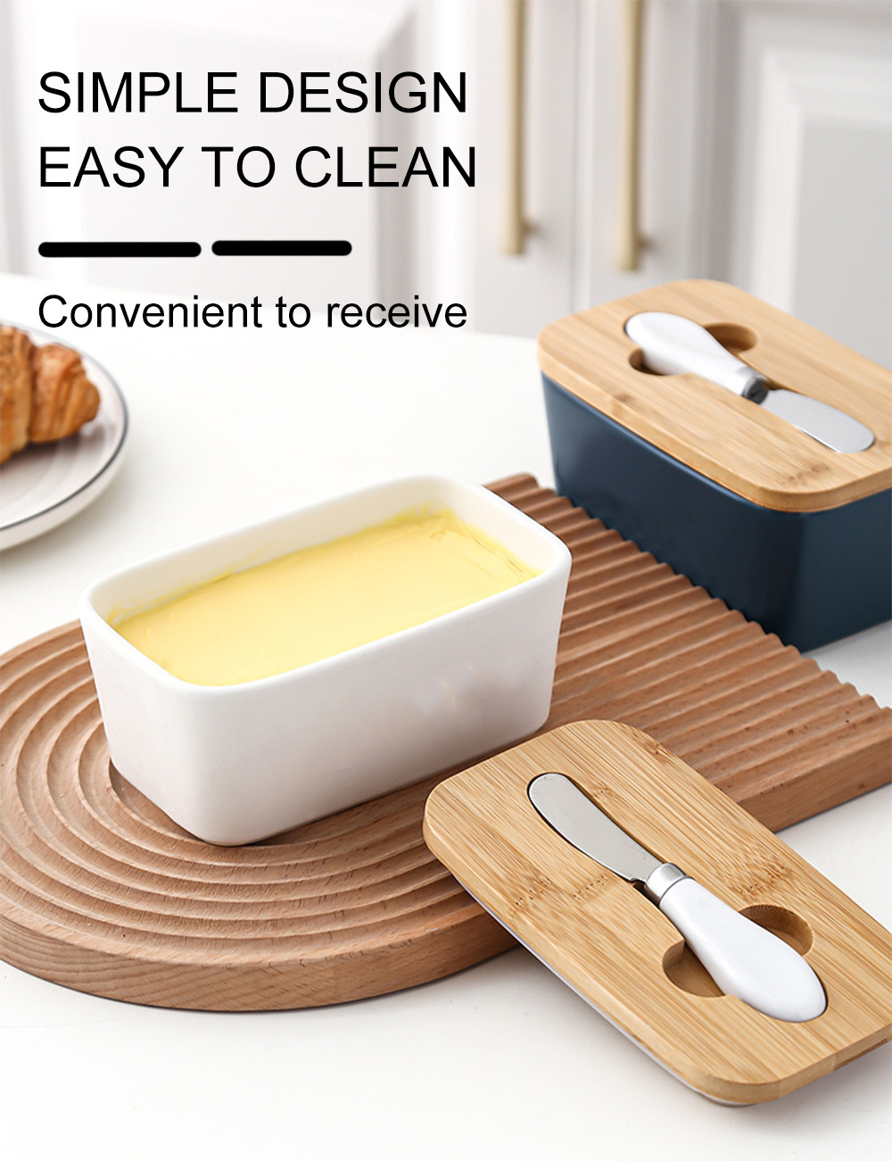 Rectangular Ceramic Butter Dishes Sealed Tin Cheese Box Storage Box Containers Butter Dish With Knife And Bamboo Lid