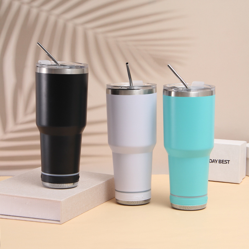 30oz Stainless Steel Sublimation 3 In 1 Smart Water Bottle Wireless Music Bluetooth Speaker Tumbler With Lid Straw And USB