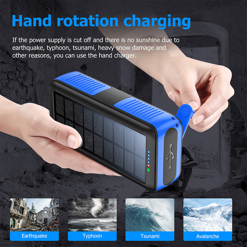 Outdoor Emergency 2 Usb Hand-Crank Power Generator Solar Charger 3 In 1 Built In Cable Solar Hand Crank Power Bank 30000Mah