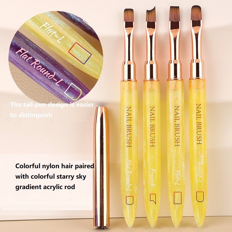 Custom Logo Yellow Purple Professional Acrylic Handle Manicure Round Flat French Pen Polish Poly Gel Nail Art Brush