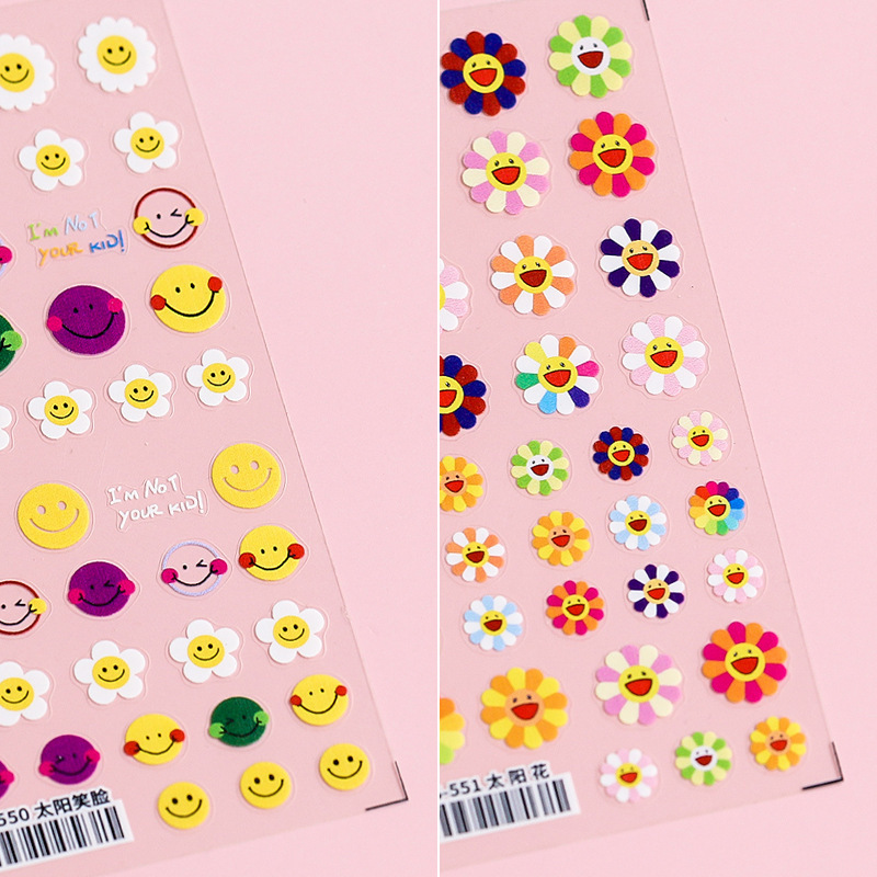 Self Adhesive Smile Face Spring Summer White Yellow Flowers Manicure Tips Decals Nail Decoration 5d Sunflower Nail Art Stickers