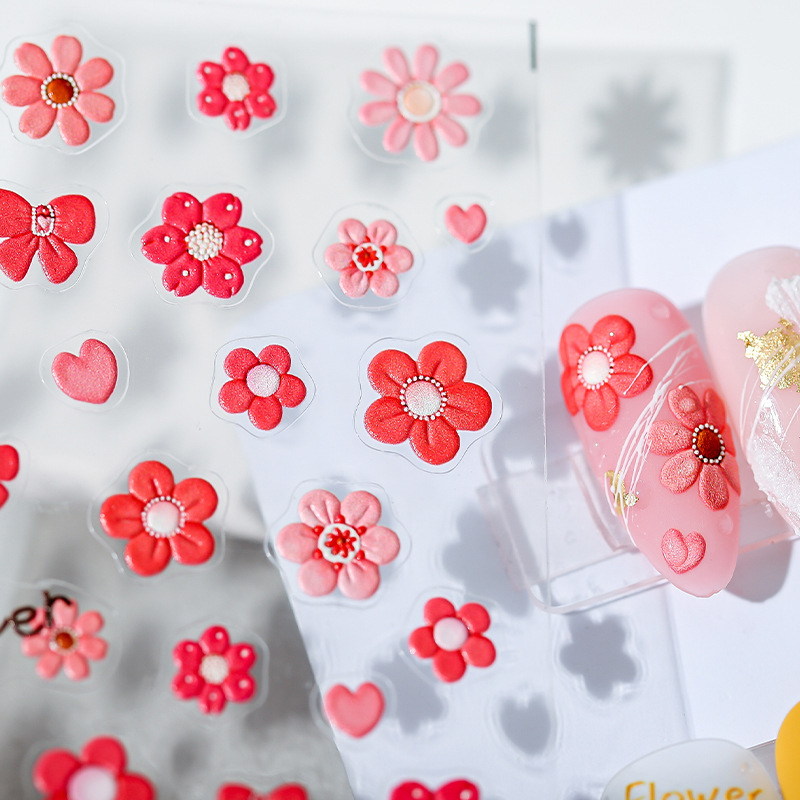 Japanese 5D Daisy Peach Blossom Rose Scrub Thin Spring Nail Flower Sticker