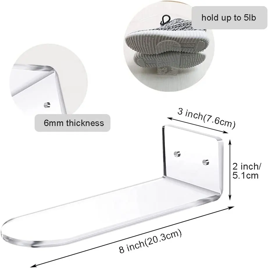 Floating Shoe Display for Wall Mount - Set of 6 Float Acrylic Shelves Crystal Wall Mounted Shoe Floating Display Shelf