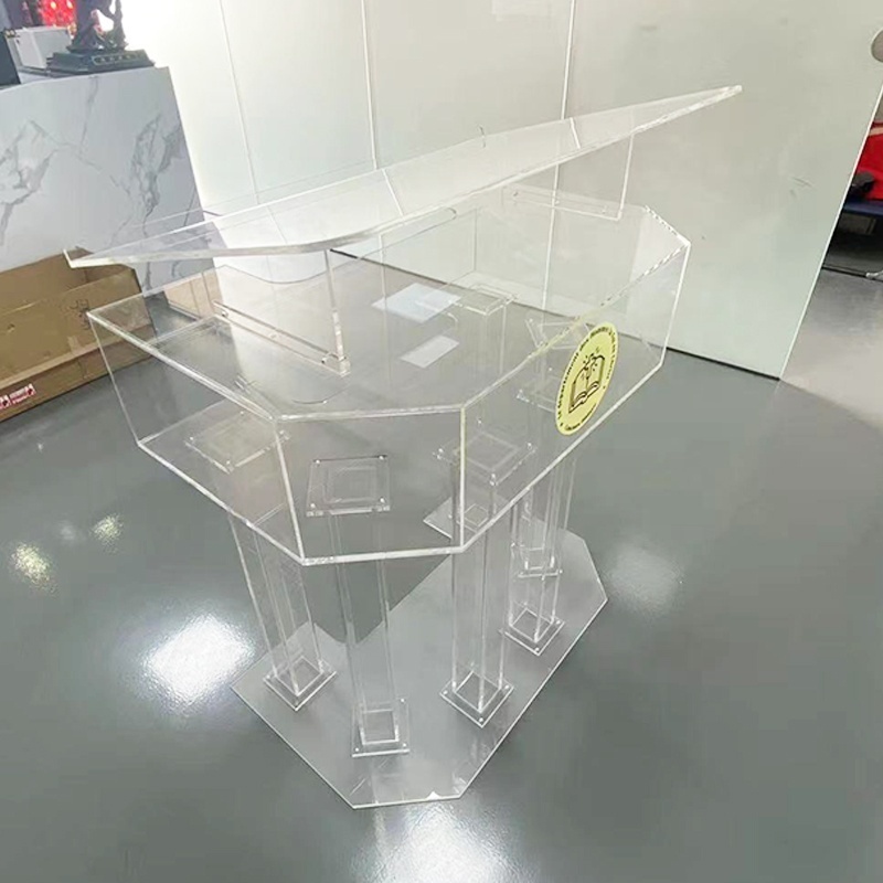 3 Tier Acrylic Lectern or Podium by AVTronics with 6 Column Base and a Wide Middle Shelf with Plenty of Space for Your Presentat