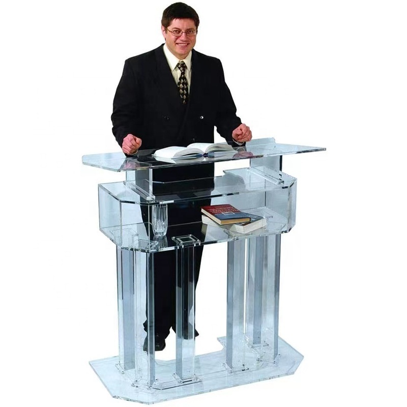 3 Tier Acrylic Lectern or Podium by AVTronics with 6 Column Base and a Wide Middle Shelf with Plenty of Space for Your Presentat