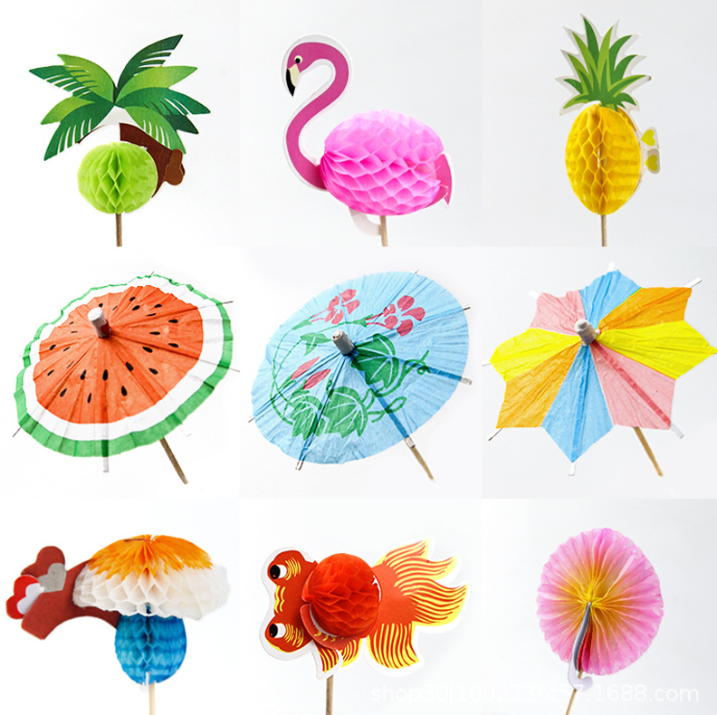 Fruit Sticks Bamboo Toothpicks Green Tropical Coconut Palm Summer Day Paper Umbrellas and Colorful Drink Umbrellas