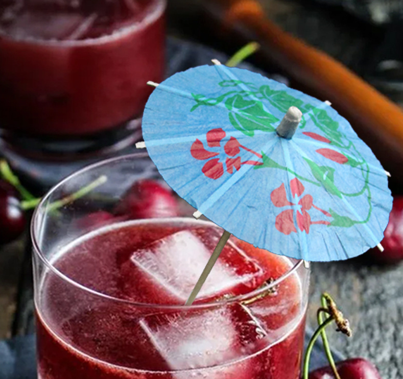 Fruit Sticks Bamboo Toothpicks Green Tropical Coconut Palm Summer Day Paper Umbrellas and Colorful Drink Umbrellas