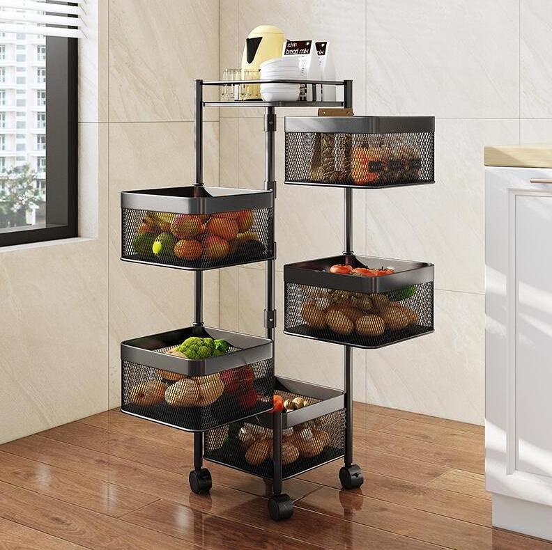 Rotating Storage Shelves Rack for Kitchen, Multi Layer Removable Basket Shelf Organizer on Rolling Wheels for Fruit Vegetable