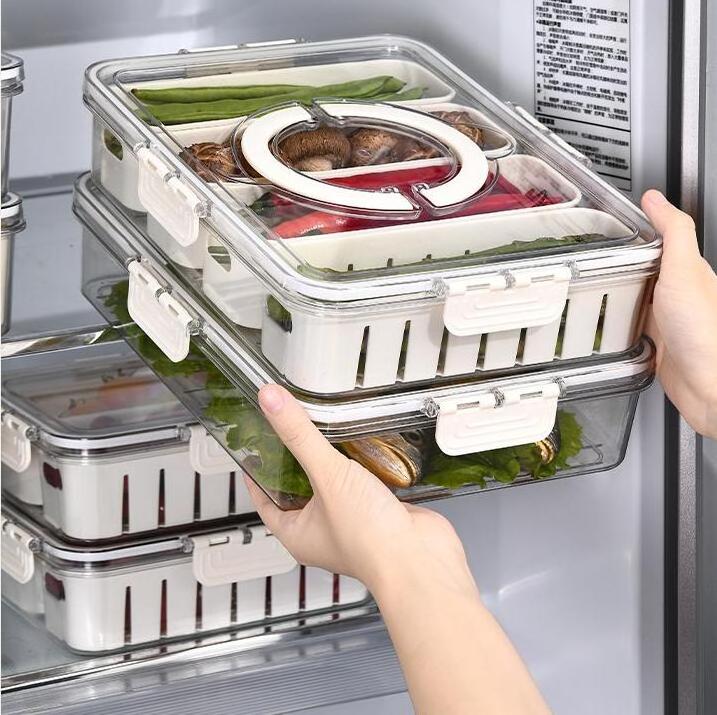 Fridge Food Storage Container with Lids, Plastic Fresh Produce Saver Keeper for Vegetable Fruit Berry Salad Lettuce Kitchen