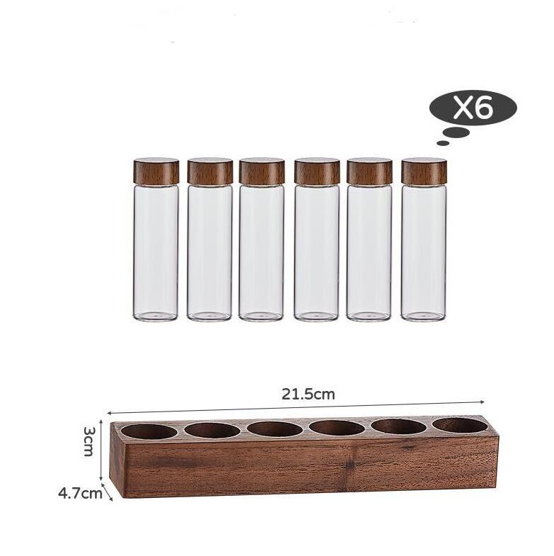 Single Dose Coffee Bean Storage Tubes Coffee Bean Cellar Dosing Glass Vials With Lids (2 Oz) Wooden Display Stand