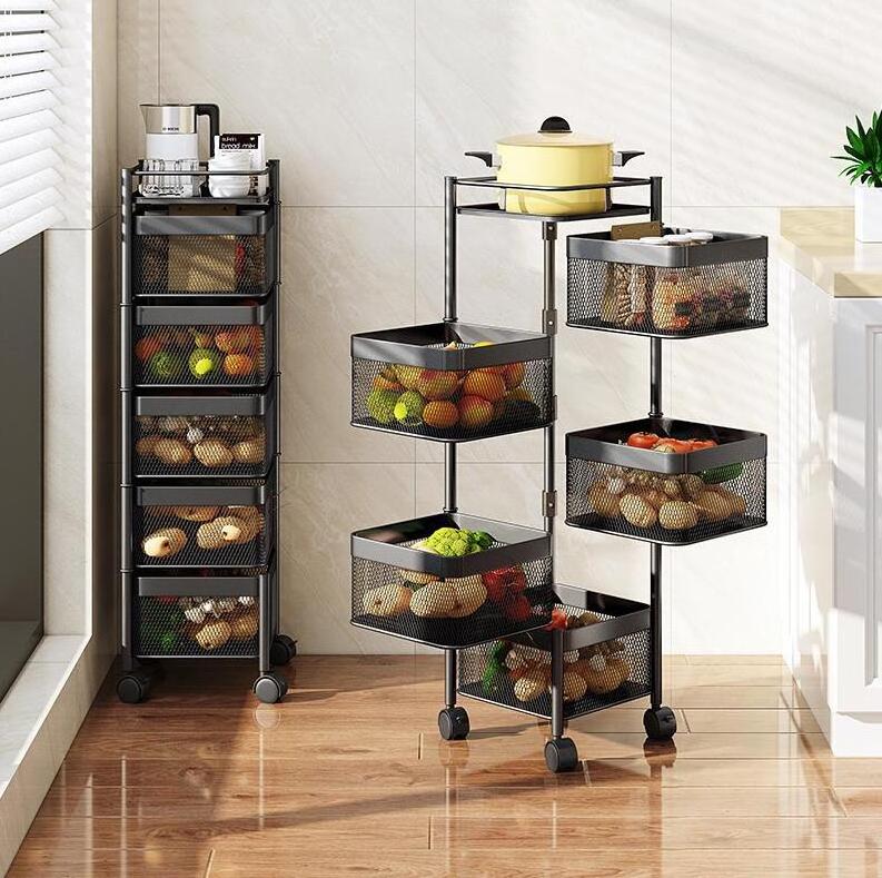 Rotating Storage Shelves Rack for Kitchen, Multi Layer Removable Basket Shelf Organizer on Rolling Wheels for Fruit Vegetable