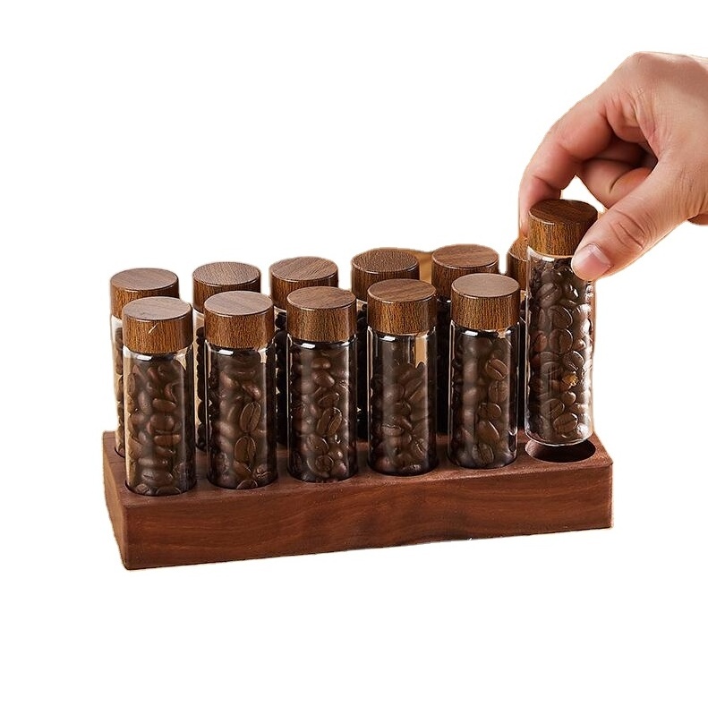 Single Dose Coffee Bean Storage Tubes Coffee Bean Cellar Dosing Glass Vials With Lids (2 Oz) Wooden Display Stand