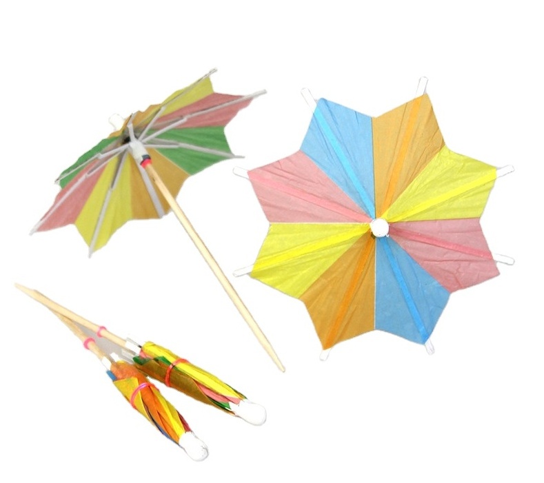 Fruit Sticks Bamboo Toothpicks Green Tropical Coconut Palm Summer Day Paper Umbrellas and Colorful Drink Umbrellas