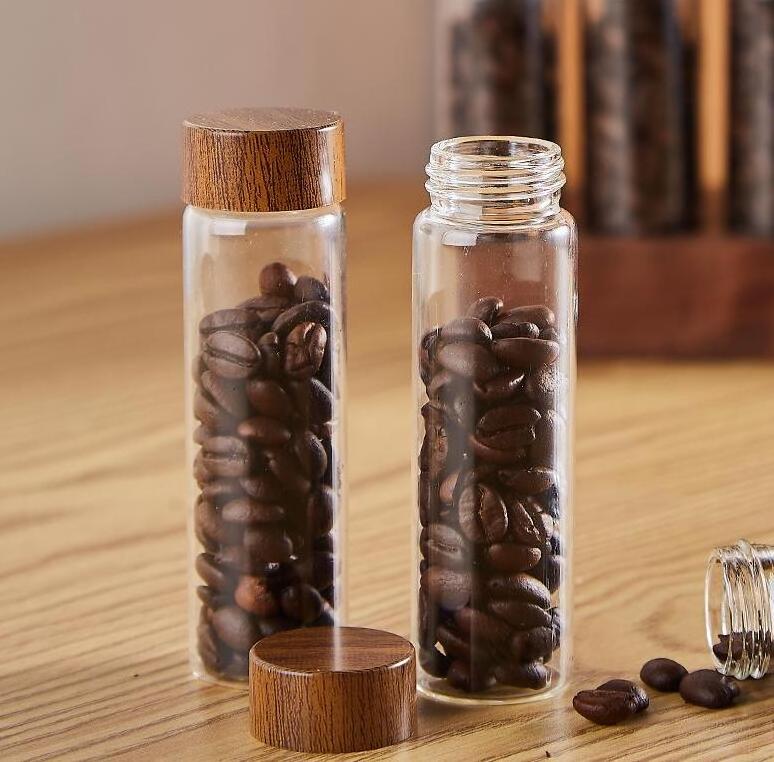 Single Dose Coffee Bean Storage Tubes Coffee Bean Cellar Dosing Glass Vials With Lids (2 Oz) Wooden Display Stand