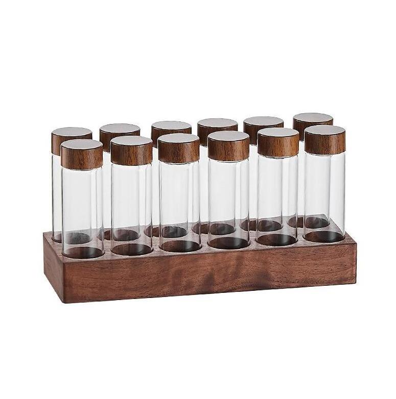 Single Dose Coffee Bean Storage Tubes Coffee Bean Cellar Dosing Glass Vials With Lids (2 Oz) Wooden Display Stand