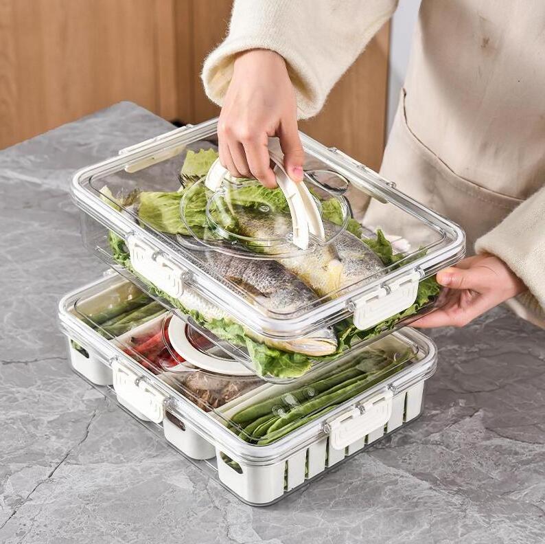 Fridge Food Storage Container with Lids, Plastic Fresh Produce Saver Keeper for Vegetable Fruit Berry Salad Lettuce Kitchen