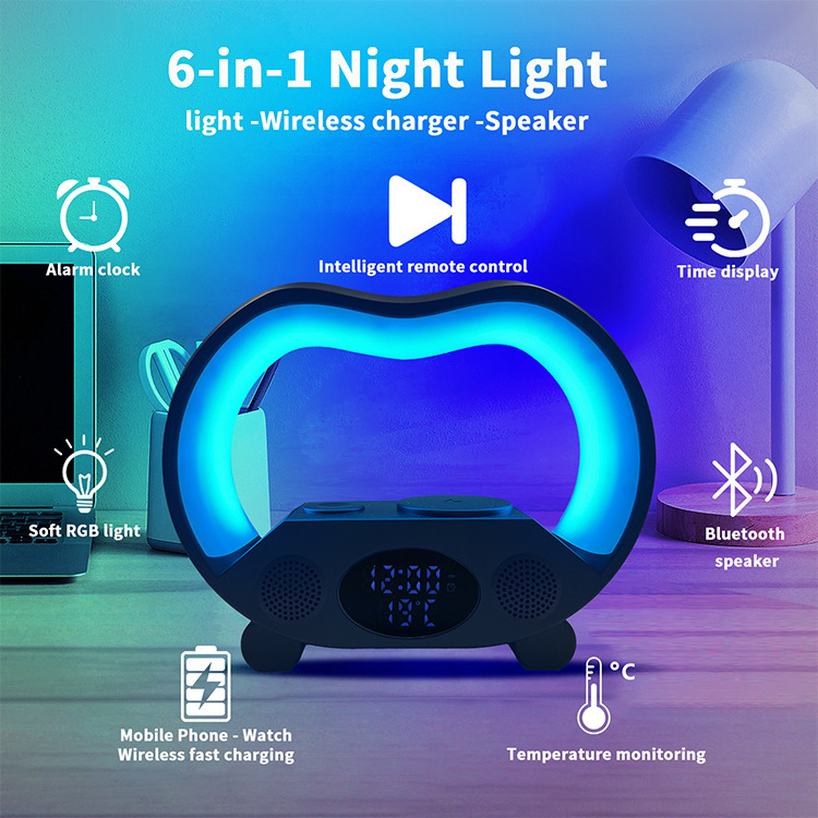 Multifunction atmosphere night lights rgb desk lamp alarm clock 15w fast charging wireless chargers with speaker light and clock