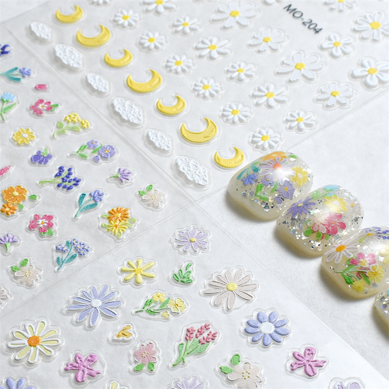 Spring Oil Painting Small Flower Nail Art Daisies Colorful floral relief nail stickers