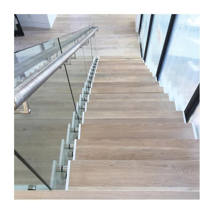 indoor zigzag Z shape stringer steel wood stairs designs with stainless steel standoff bracket for glass