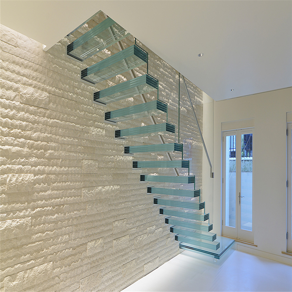 Hidden stringer design tempered laminated glass treads glass floating straight stairs