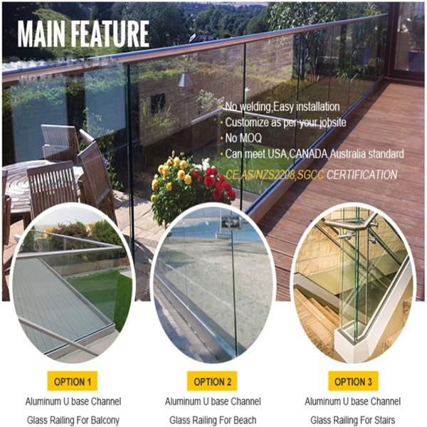 Terrace fencing frameless porch aluminium u channel glass handrail railing balustrade post profile for glass