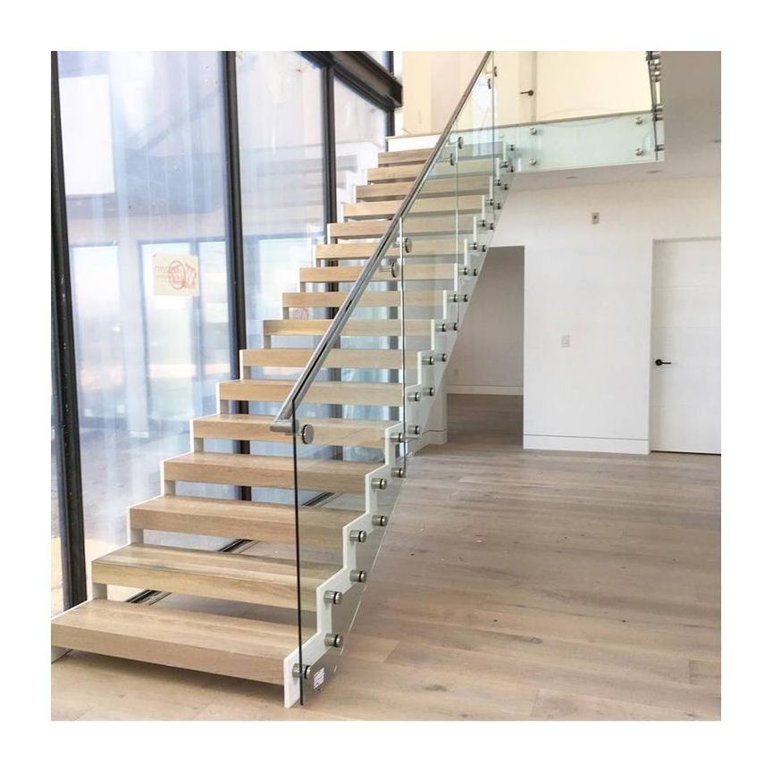 indoor zigzag Z shape stringer steel wood stairs designs with stainless steel standoff bracket for glass