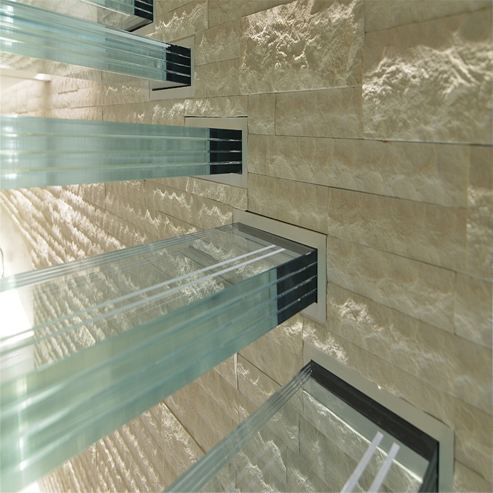 Hidden stringer design tempered laminated glass treads glass floating straight stairs