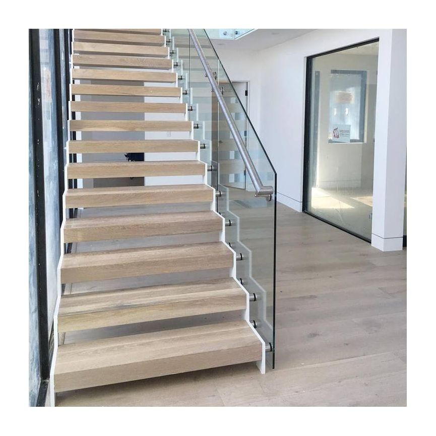 indoor zigzag Z shape stringer steel wood stairs designs with stainless steel standoff bracket for glass