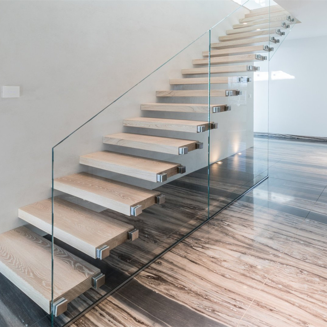 Hidden stringer design tempered laminated glass treads glass floating straight stairs