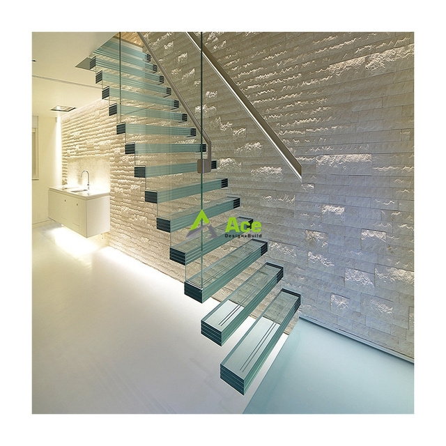 Hidden stringer design tempered laminated glass treads glass floating straight stairs