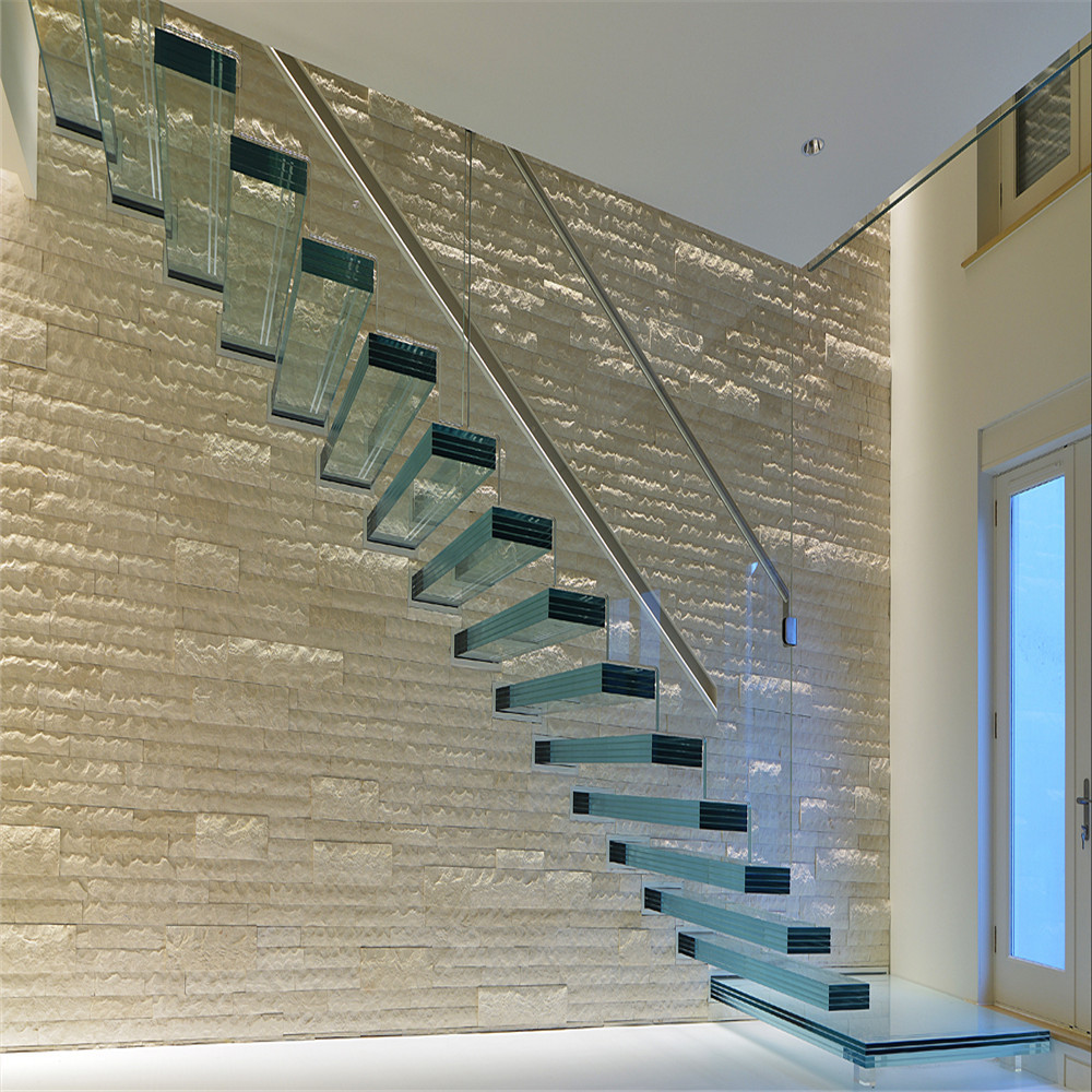 Hidden stringer design tempered laminated glass treads glass floating straight stairs