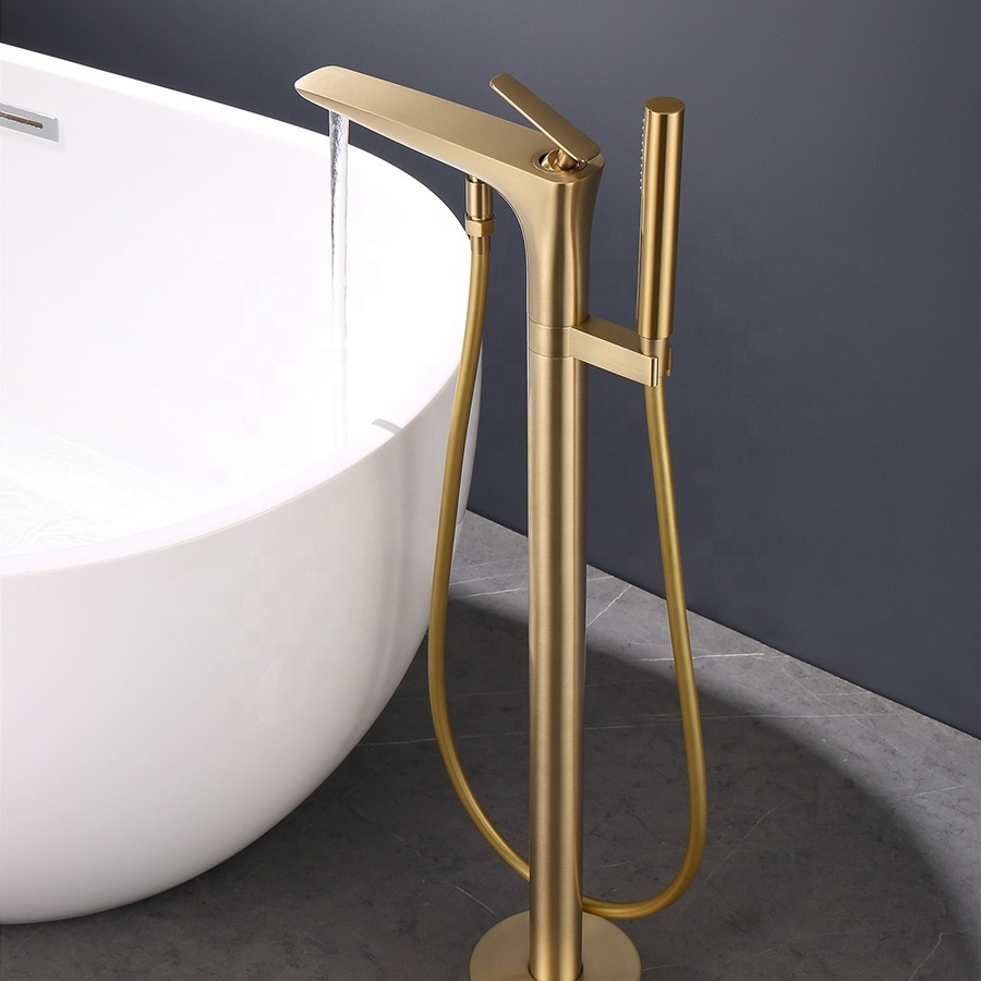 Luxury design brass hot and cold mixed two functional bathroom brushed gold floor freestanding bathtub faucet