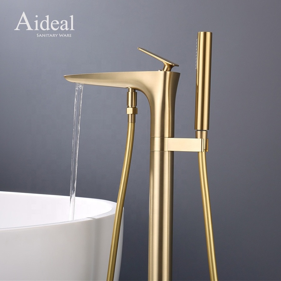 Luxury design brass hot and cold mixed two functional bathroom brushed gold floor freestanding bathtub faucet