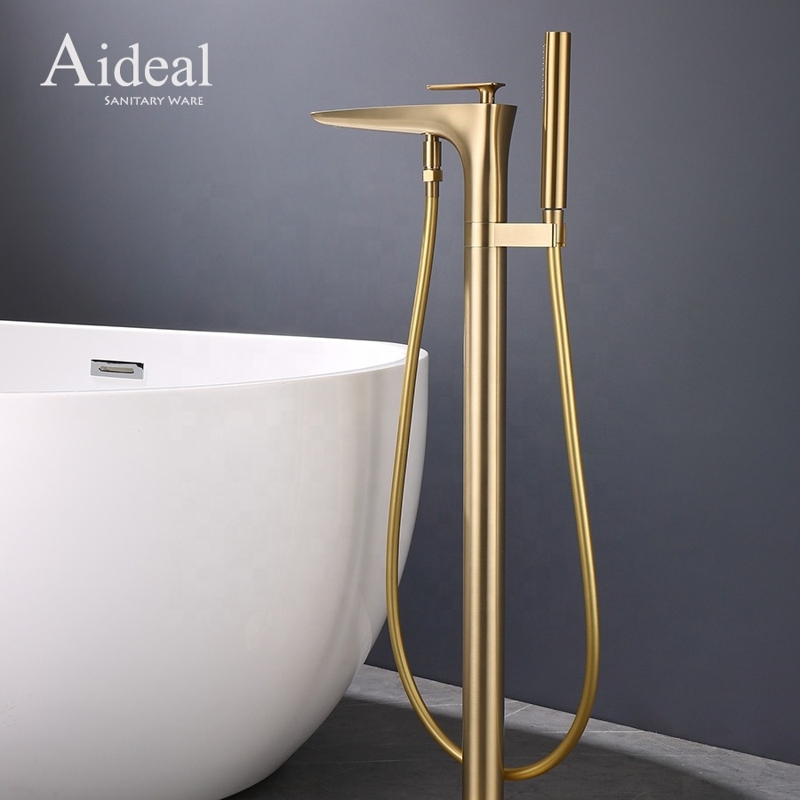 Luxury design brass hot and cold mixed two functional bathroom brushed gold floor freestanding bathtub faucet