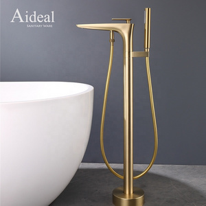 Luxury design brass hot and cold mixed two functional bathroom brushed gold floor freestanding bathtub faucet