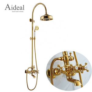 Luxurious European style brass shining gold color traditional British wall mounted shower set