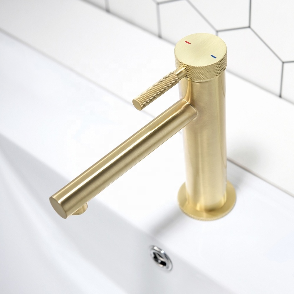 Deck Mounted knurled Brushed Gold Single Handle Bathroom Basin Faucets