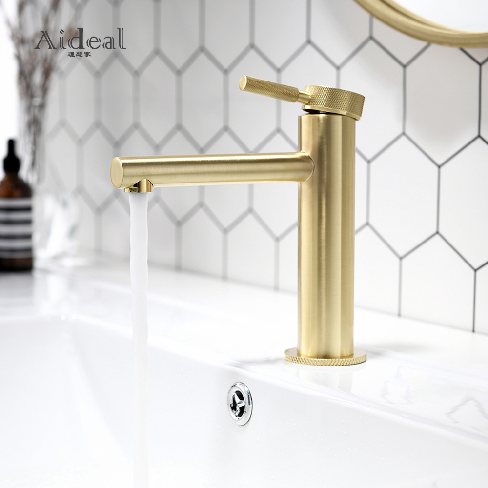 Deck Mounted knurled Brushed Gold Single Handle Bathroom Basin Faucets