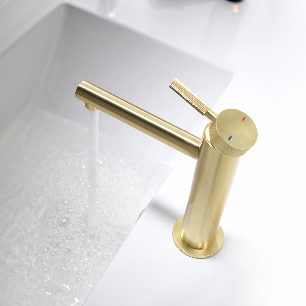 Deck Mounted knurled Brushed Gold Single Handle Bathroom Basin Faucets