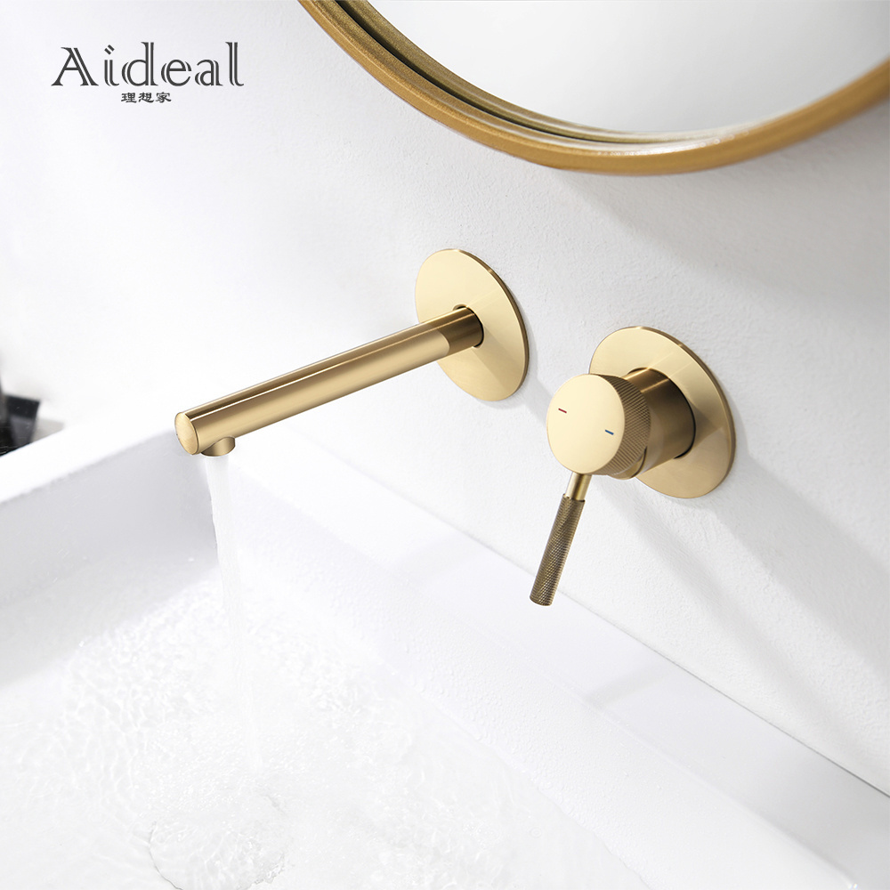 Brass brushed gold hidden wall mounted concealed 2 hole basin taps bathroom faucet