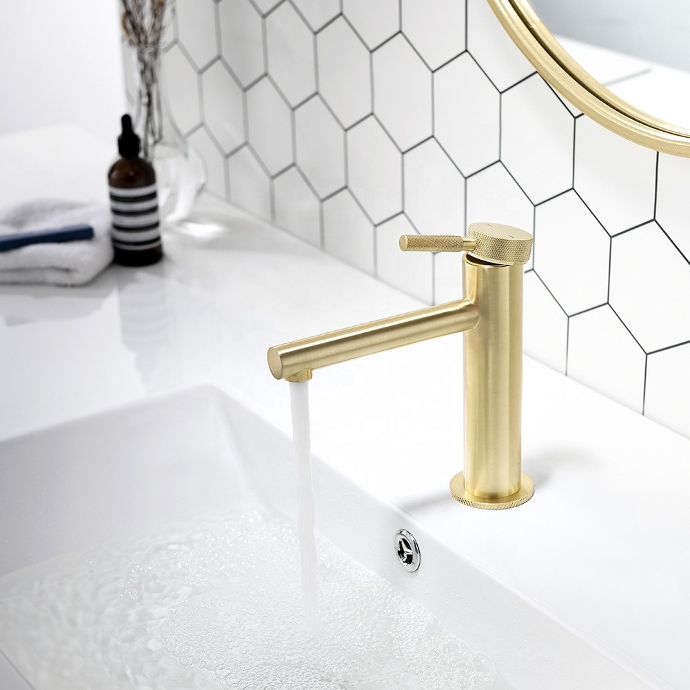 Deck Mounted knurled Brushed Gold Single Handle Bathroom Basin Faucets