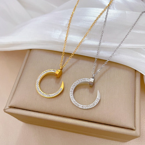 OEM/ODM Jewelry Hip Hop Jewellery Statement Round Nail Necklace Cubic Zirconia Plated 18K Gold Stainless Steel Nail Necklace