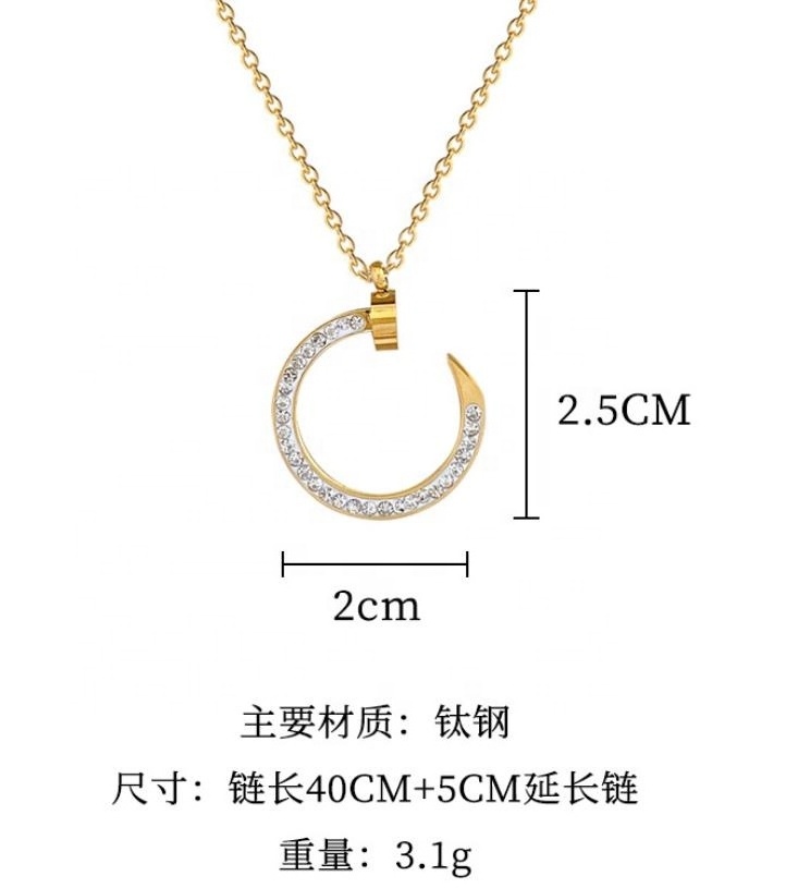 OEM/ODM Jewelry Hip Hop Jewellery Statement Round Nail Necklace Cubic Zirconia Plated 18K Gold Stainless Steel Nail Necklace