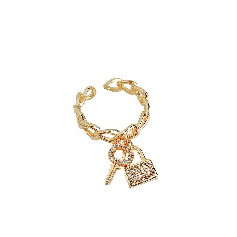 Free Shipping Open Size Chain Ring Women Charm Jewelry Plated 18K Gold Key Lock Ring