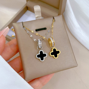 INS Minimalism Jewelry Four Leaf Flower Necklace Black Shell Jewellery Plated 18K Gold Stainless Steel Clover Necklace Jewelry