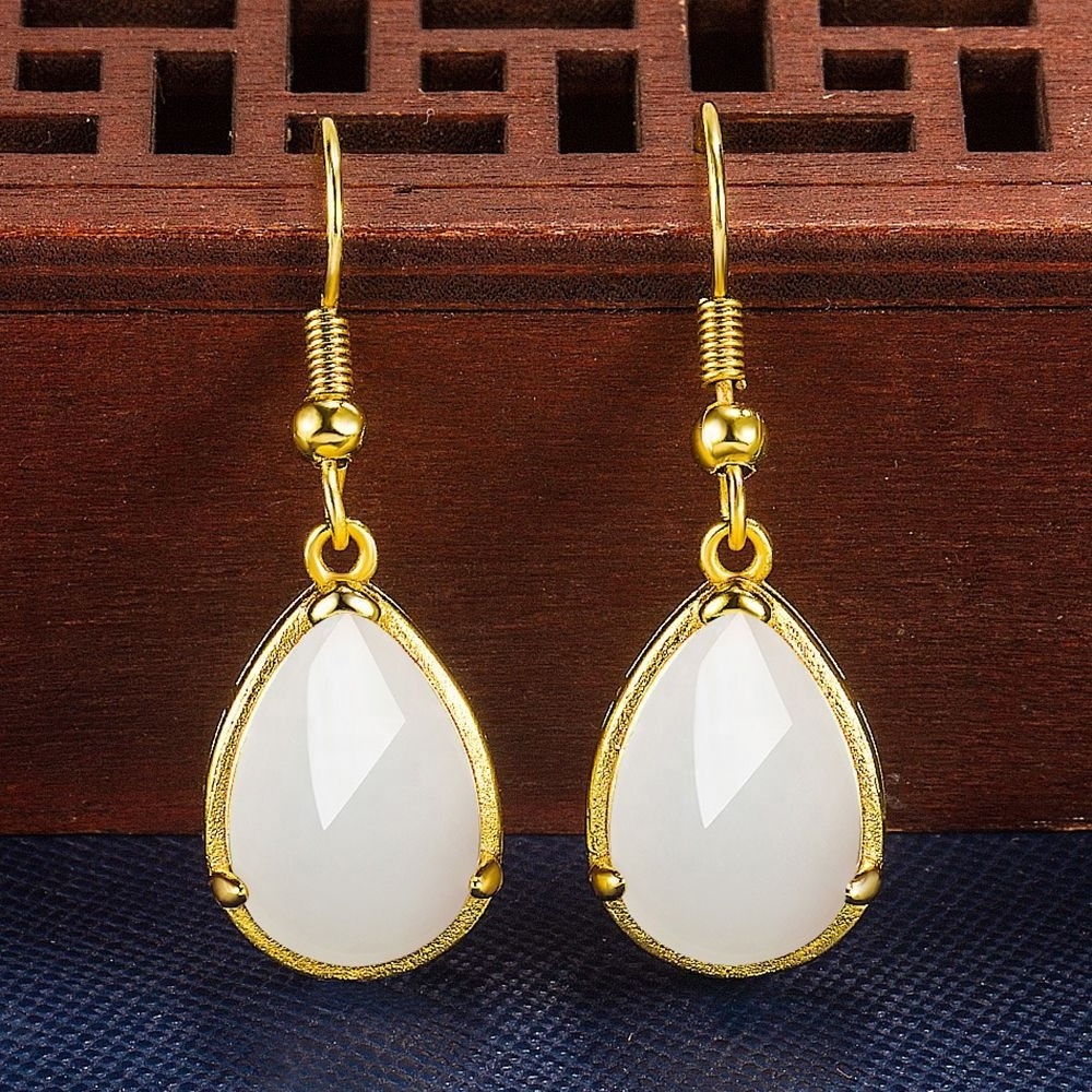 New Product Creative Ear Hook Vietnamese Sand Gold White Jade Palace Ancient Method Drop Shaped Earrings Women Vietnam Jewelry