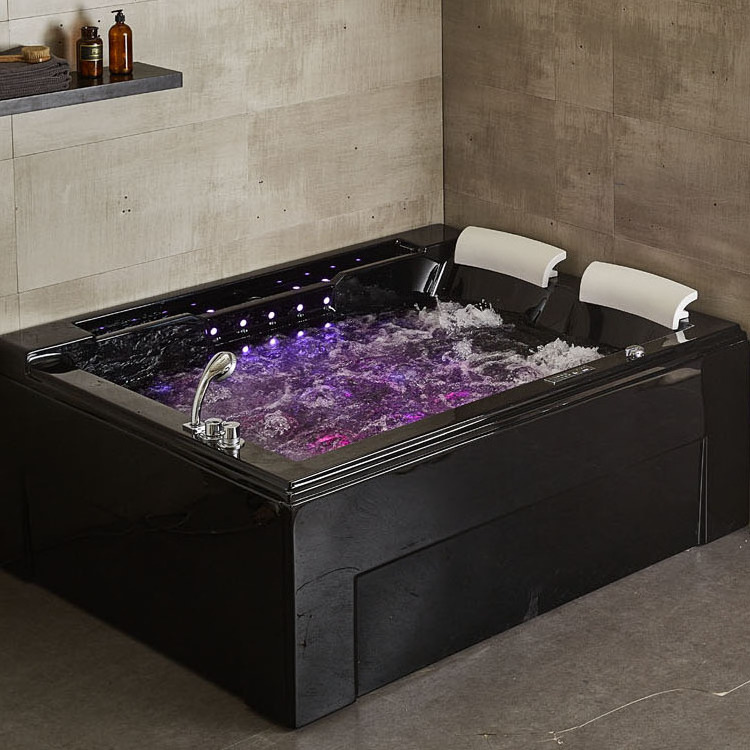 Black whirlpool bathtub  nlack color  indoor acrylic bath tub with faucet and two pillows