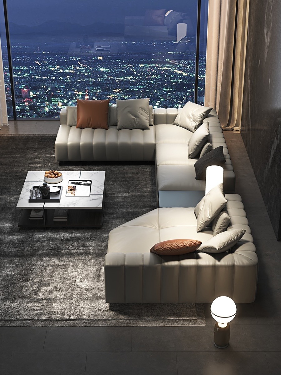 Modern module hotel lobby first floor cowhide sofa large family living room combination set leather sofa