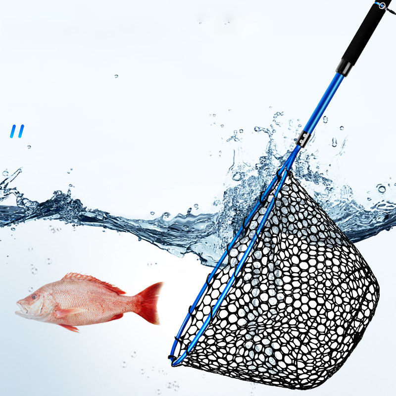 Collapsible Aluminum Pole Handle Blue Billow Rubber Fishing Net Large Folding Landing Net