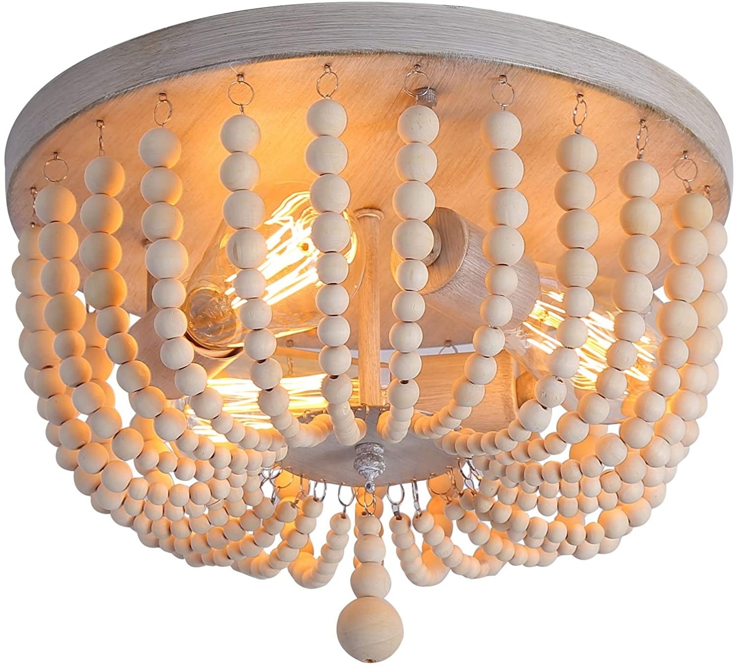 Wood Beaded Chandelier Boho Farmhouse Light Semi Flush Mount Ceiling Light Fixtures for Hallway Baby